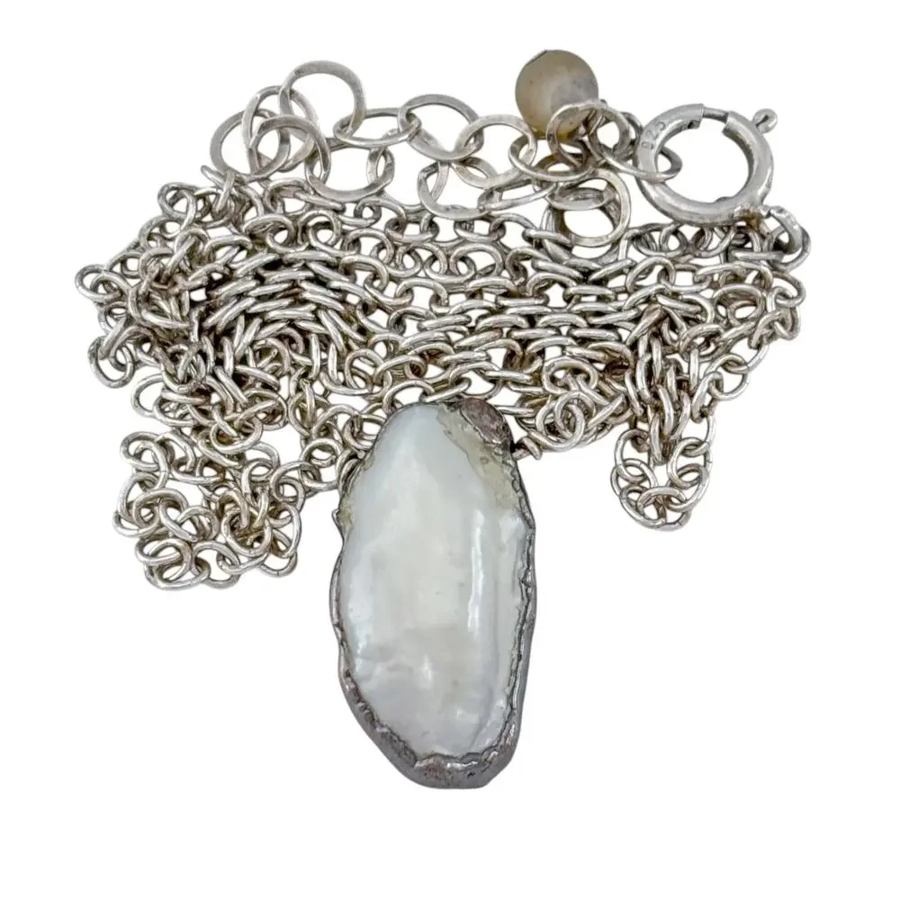 Vintage Sterling Silver 925 Mabe Pearl Necklace 16-18
